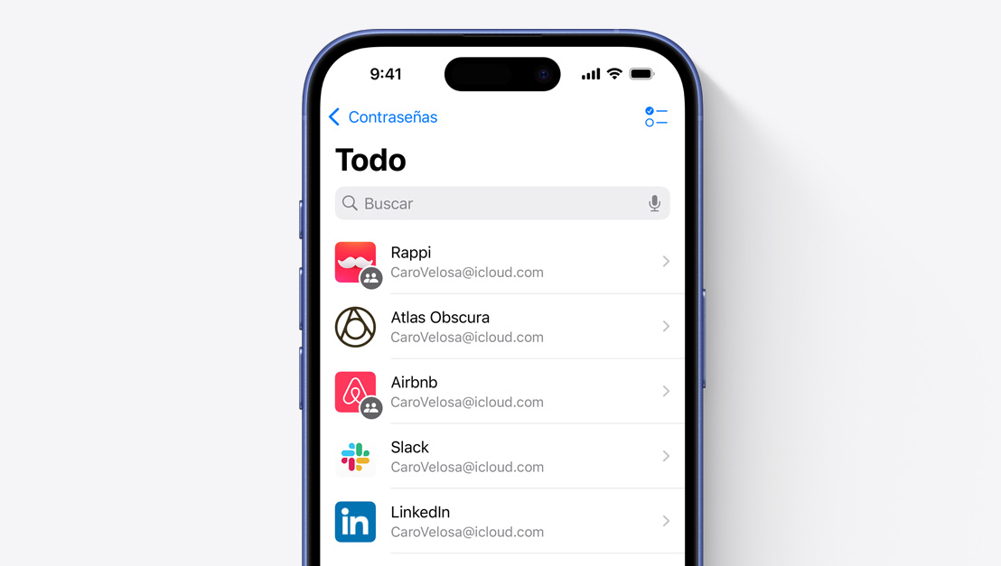Pantalla que muestra una lista de apps del iPhone en la app Contraseñas.
