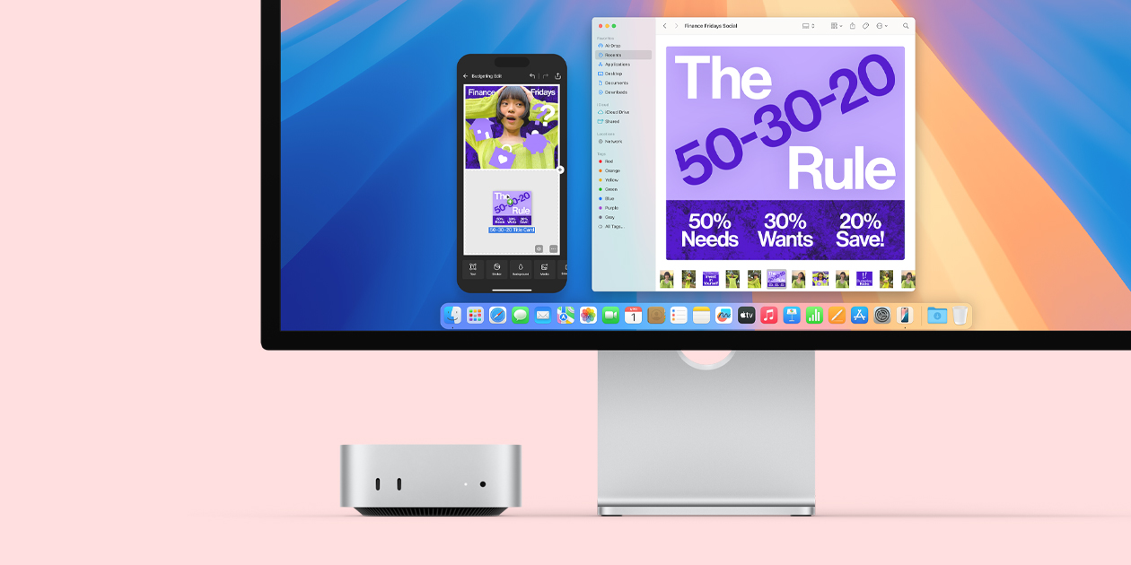 Vista frontal de una Mac mini con puertos delanteros y luz de encendido, que se acomoda perfectamente debajo de un monitor Mac con una pantalla colorida e íconos de apps en el Dock