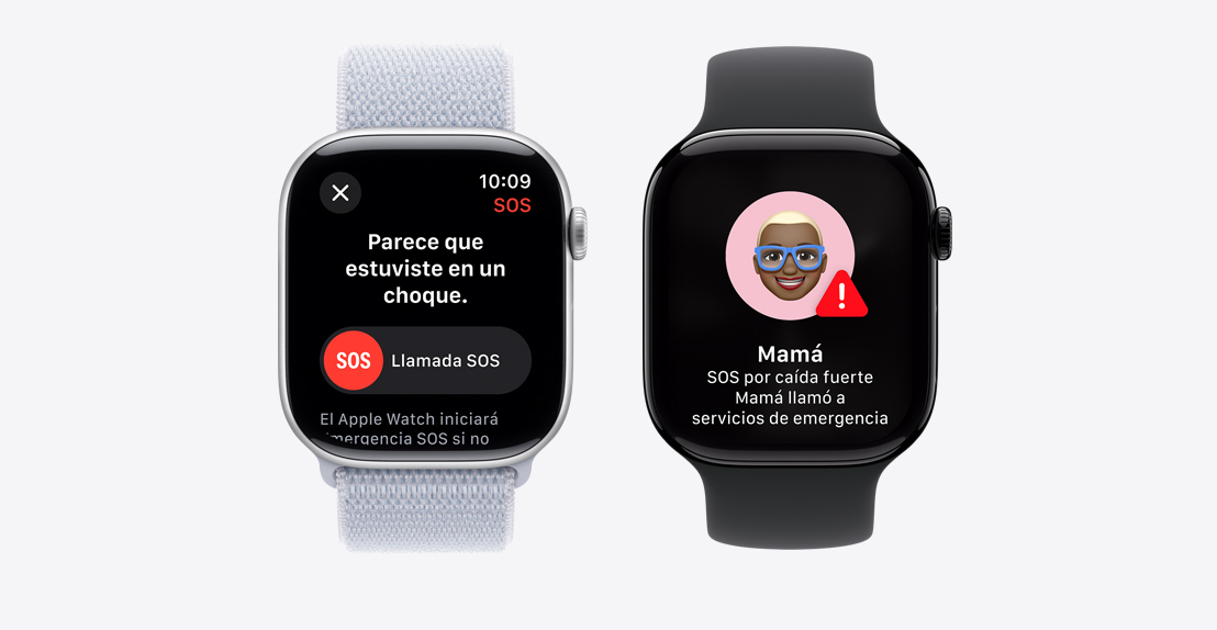 Dos Apple Watch Series 10. El primero muestra una notificación de Detección de Caídas con el botón de Llamada SOS. El segundo muestra una notificación de Mamá avisando sobre una caída fuerte y un llamado a los servicios de emergencia.