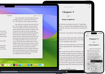 MacBook Pro and iPad Air display a page from the same ebook in the Books app. Apple Watch and iPhone 15 screens display a book cover from the same audiobook. An AirPod Pro case open to show both AirPod Pro earbuds.