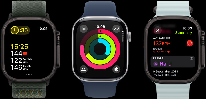 Three Apple Watches with workout metrics, Activity rings, and post workout insights on screen