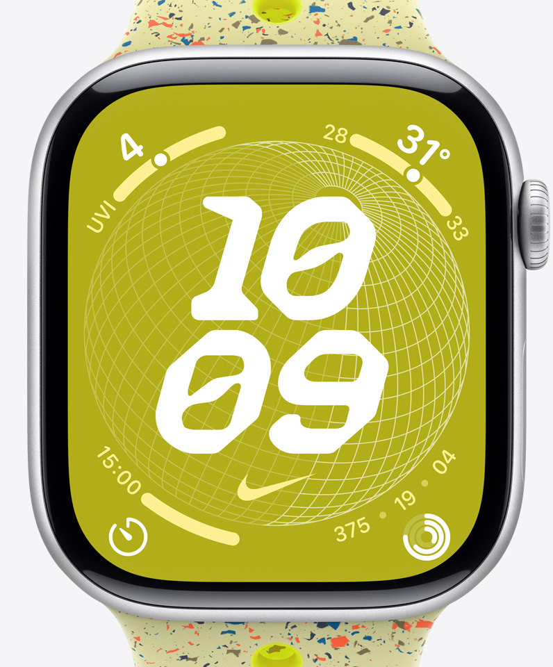 Nike Globe watch face showing time along with complications including Activity rings, UVI, temperature, and stop watch