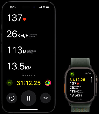 Live Activity showing a person's biking metrics on both their Apple Watch Ultra 2 and their iPhone.