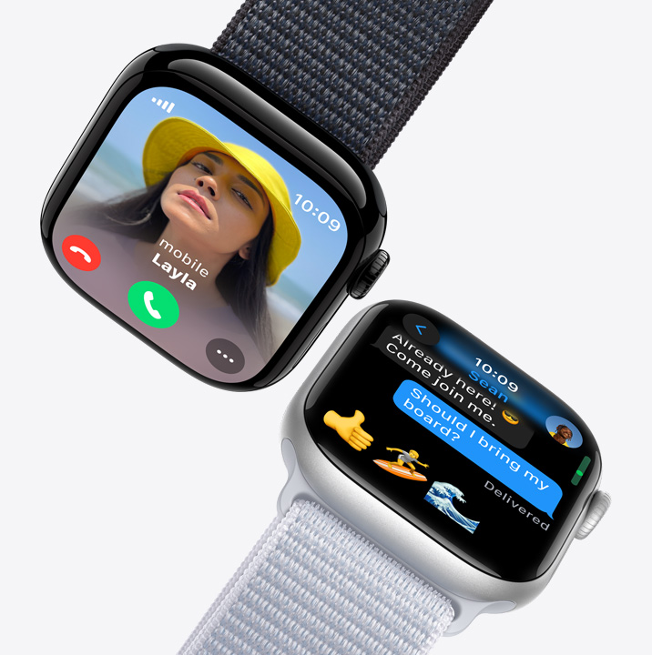 Two Apple Watch screens. The first shows an incoming call. The second shows a text message.