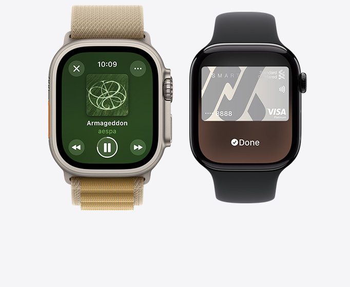 Front view of an Apple Watch Ultra 2 and Apple Watch Series 10 showing music playing.