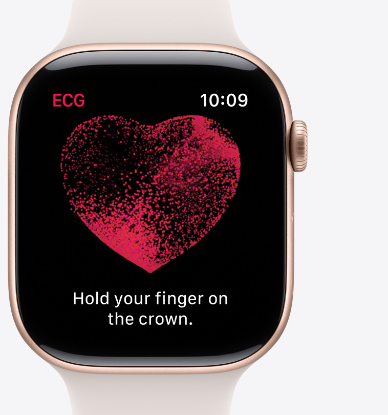 Front view of the ECG app on Apple Watch Series 10 showing a waveform and the countdown timer at 22 seconds.