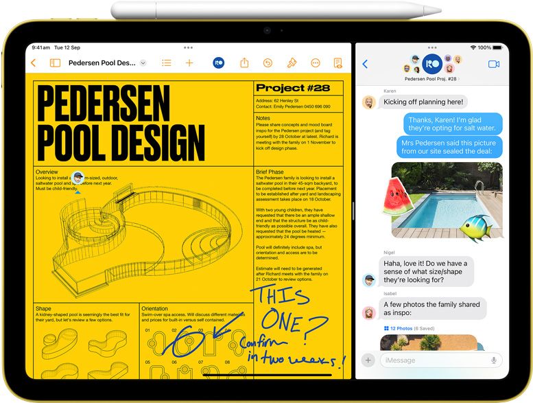Split View of Pages and Messages on iPad with Apple Pencil magnetically attached.