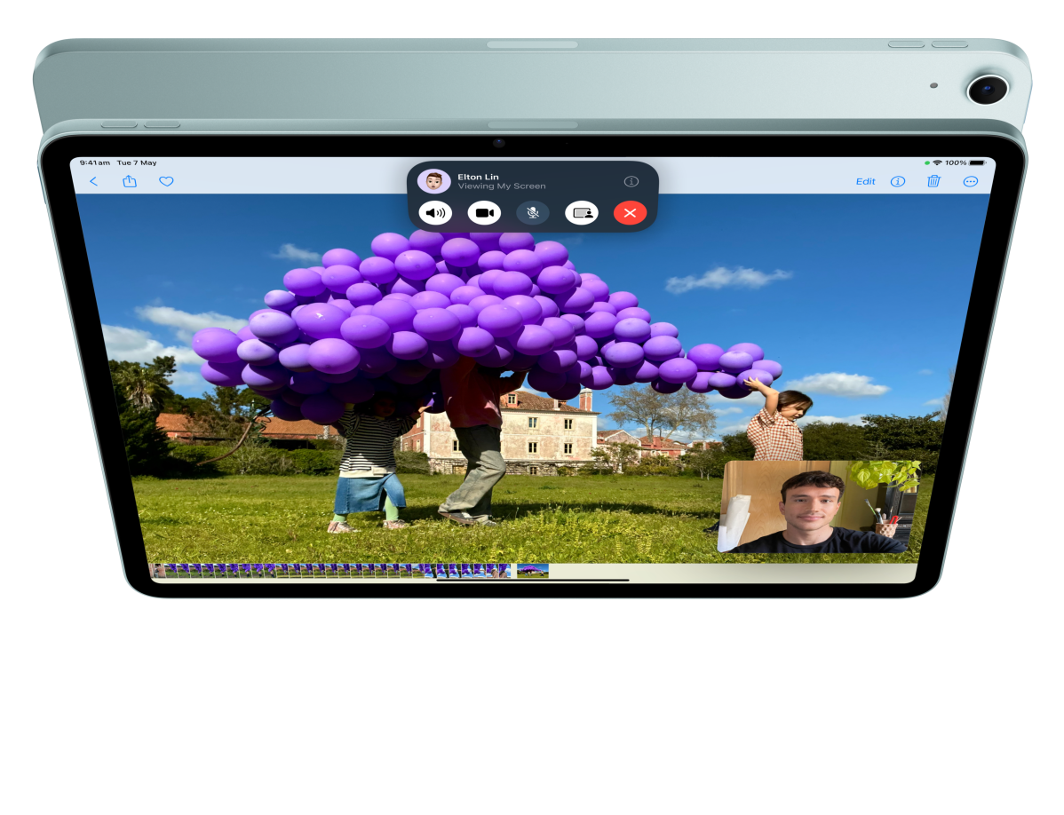 Animation of iPad Air, front exterior, user is on FaceTime and looking at photos, in front of another iPad Air, back exterior