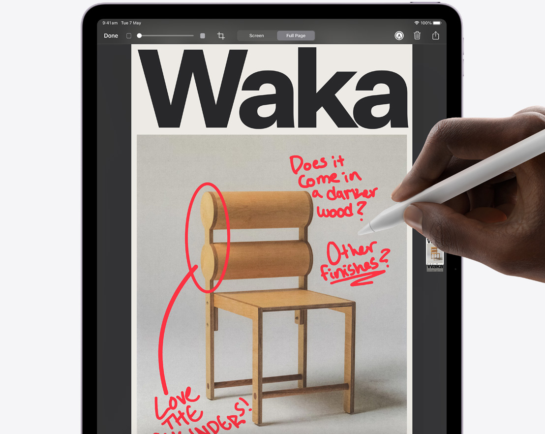 An Apple Pencil Pro marking up a Safari screenshot on an iPad Pro.