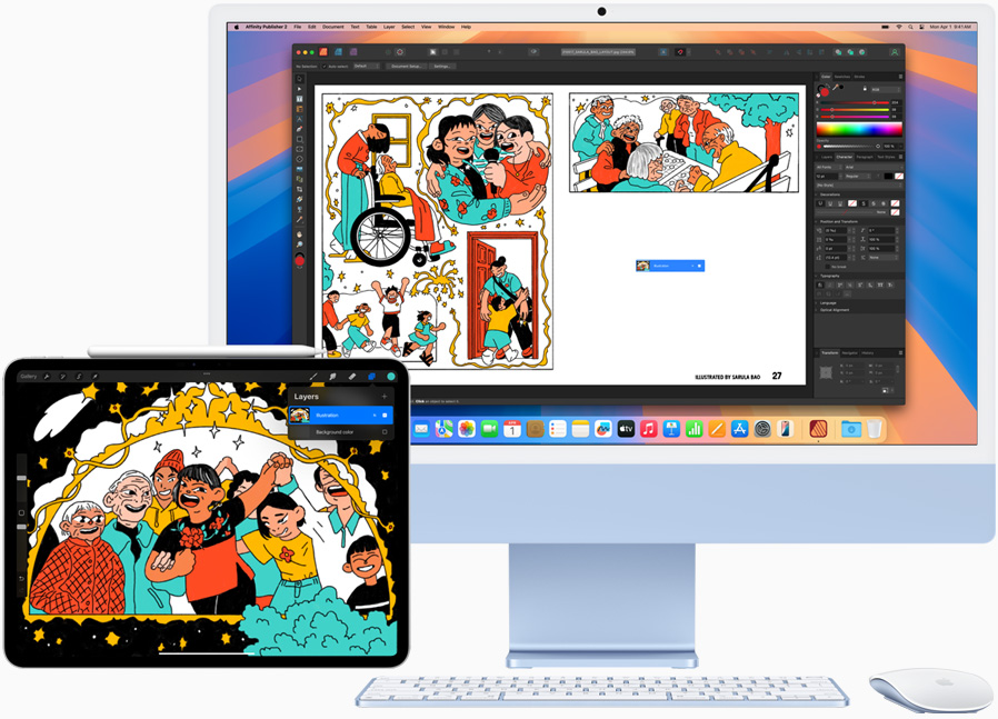 An iPad next to an iMac, showing the continuation of a sketch from one screen to the other