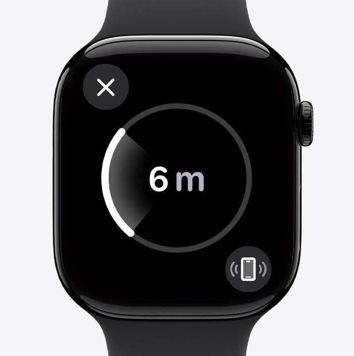 The Precision Finding screen on an Apple Watch Series 10 showing that the watch user’s iPhone is 6 metres away.