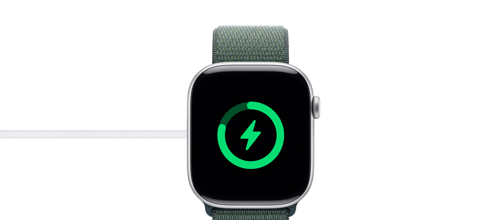 The charging status of an Apple Watch Series 10 on a magnetic charger.