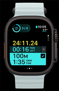 Na Apple Watch Ultra 2 widać czas interwału podczas treningu własnego.