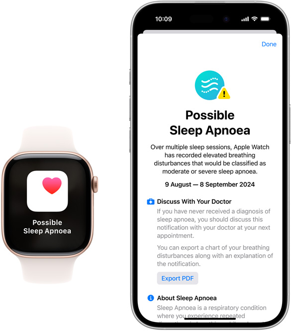 Apple Watch and iPhone devices displaying Possible Sleep Apnoea notifications in the Health app.