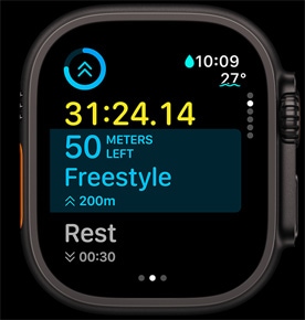 What's Up Next screen shows the distance left in a freestyle swim.