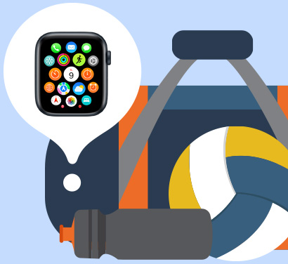 ภาพวาดประกอบของกระเป๋าเป้ โดยมี Apple Watch อยู่ในฟองที่ลอยอยู่เหนือเป้เพื่อบอกตำแหน่งว่าอยู่ในกระเป๋า