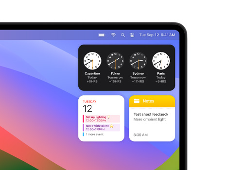 วิดเจ็ตหลากหลายชนิดบนเดสก์ท็อป Mac ซึ่งได้แก่ นาฬิกา ปฏิทิน โน้ต และสภาพอากาศ