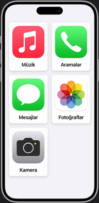 Müzik, Aramalar, Mesajlar, Fotoğraflar ve Kamera uygulamalarını gösteren sadeleştirilmiş iPhone ana ekranı.