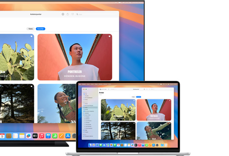 Apple AirPlay kullanarak düz ekran televizyona fotoğraf paylaşan bir Mac.