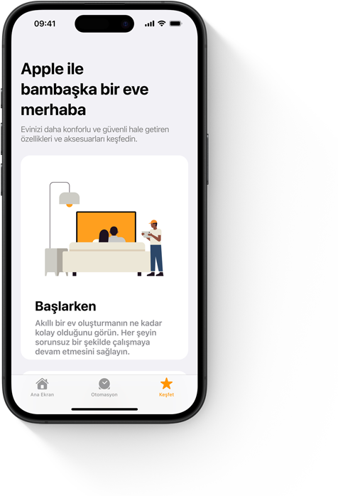 Ev uygulamasının “Başlarken” kullanıcı arayüzünü gösteren iPhone