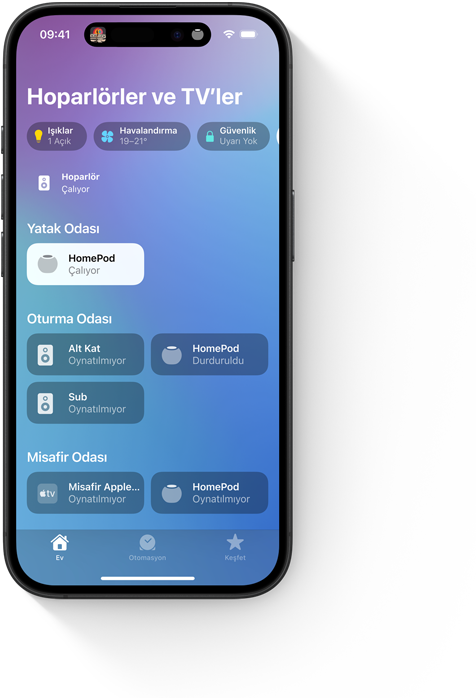 Ev uygulamasının “Hoparlörler ve TV” kullanıcı arayüzünü gösteren iPhone