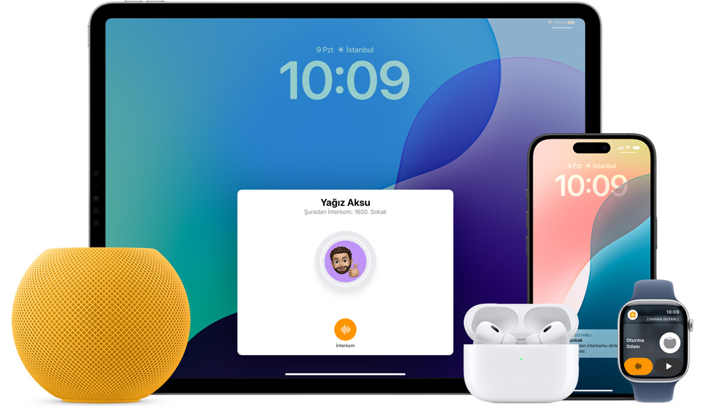 Sarı renkte bir HomePod mini, bir iPad, kutusuyla birlikte AirPods, bir iPhone ve kırık beyaz renkte kordonla eşleştirilmiş bir Apple Watch yan yana sıralanıyor.