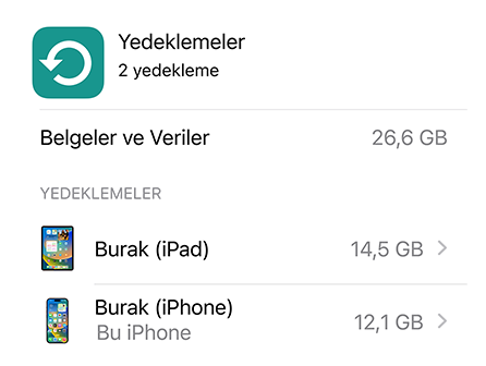 iCloud Yedekleme veri kullanım ekranı