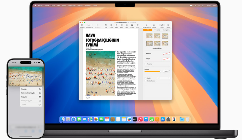 iPhone ve yanında kapağı açık Mac laptop, her ikisinin de ekranında aynı görsele yer verilerek Evrensel Pano’nun kullanımı gösteriliyor