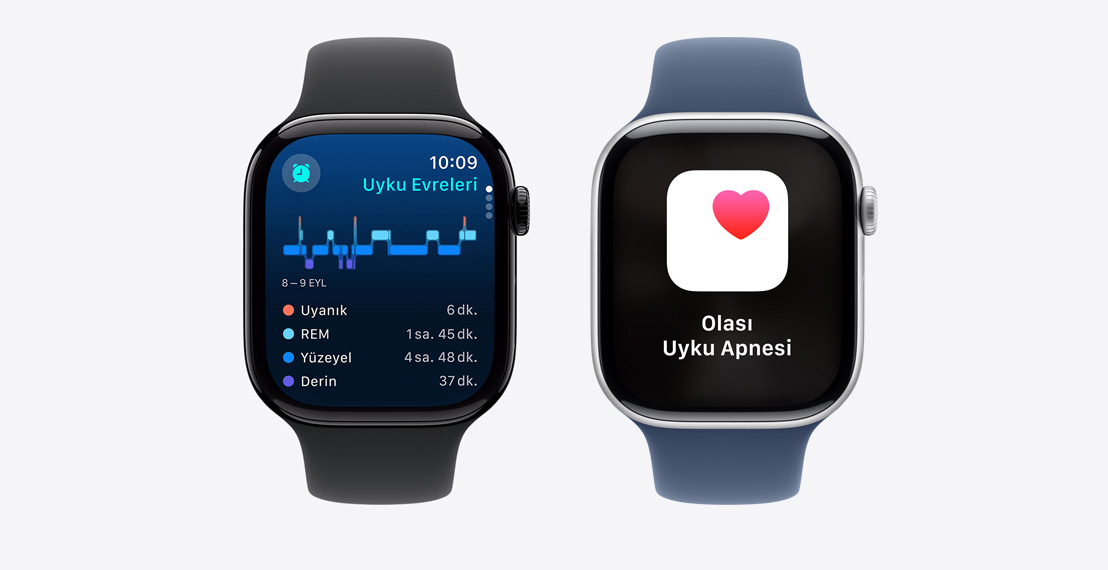 İki adet Apple Watch Series 10. İlki Uyku Evreleri verisini gösteriyor. İkincisi Uyku Apnesi bildirimini gösteriyor.