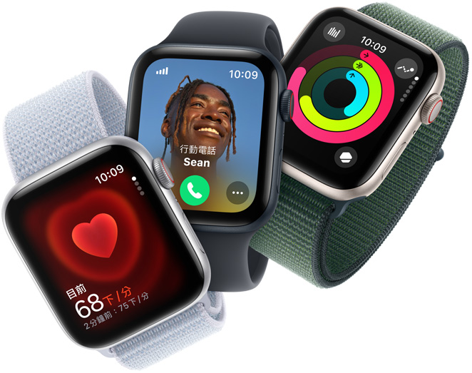 三隻 Apple Watch SE 裝置，螢幕分別顯示心率監測功能、來電顯示與活動記錄圓圈