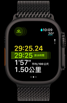 Apple Watch Ultra 2 顯示多運動訓練功能中的游泳持續時間、配速與距離。