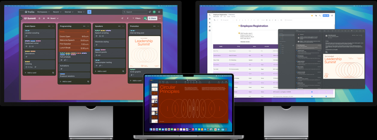 MacBook Pro 搭配兩部 Studio Display，螢幕畫面顯示使用者在準備領袖高峰會、在 Trello app 中追蹤工作事項、準備簡報，並透過電子郵件審核設計檔案