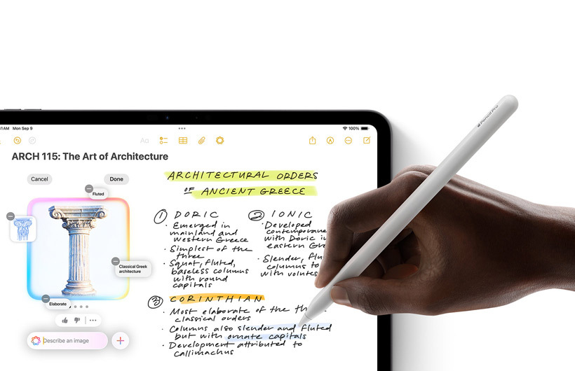 A hand holding Apple Pencil draws a circle round a sketch in the Notes app on iPad.