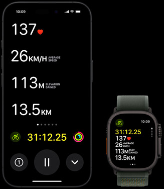 Live Activity showing a person’s biking metrics on both their Apple Watch Ultra 2 and their iPhone.