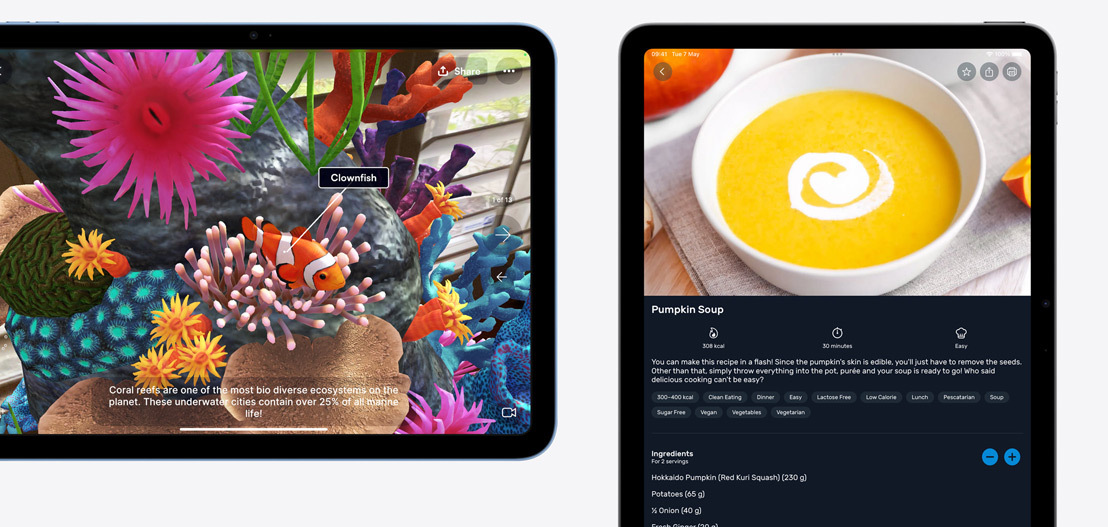 An iPad and iPad Air showcasing the Jigspace and Kitchen Stories apps.