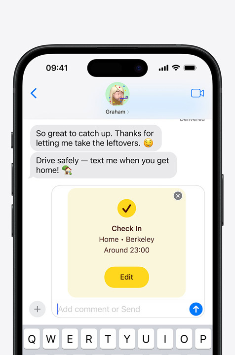 Text exchange showing Check-in safety feature.