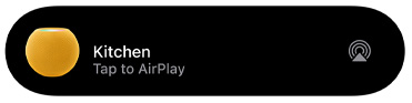 An AirPlay graphic showing music being played to a HomePod mini titled Kitchen
