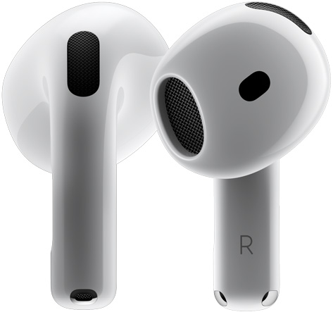 To AirPods 4-øretelefoner som snurrer rundt hverandre og stopper i ulike vinkler.