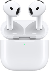 Geopende oplaadcase voor AirPods 4 met twee AirPods erboven.