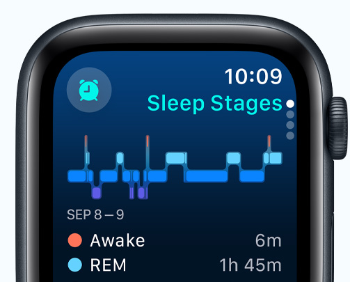 App Sono a mostrar as fases do sono, com o tempo de vigília e sono REM em minutos