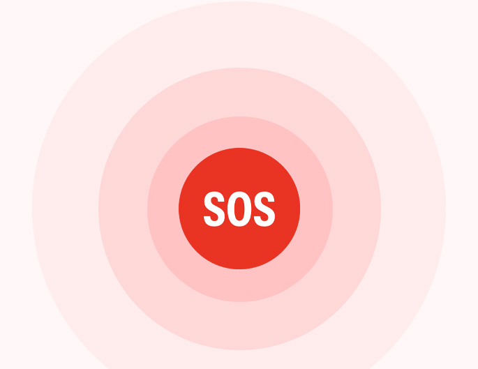 Red circle containing the word SOS, with progressivlely lighter red-toned circles radiating outward