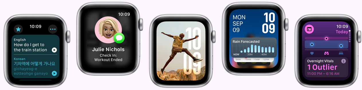 Five Apple Watch devices showing screens including Translate app, Check in app, Photos face, Modular watch face, and Vitals app