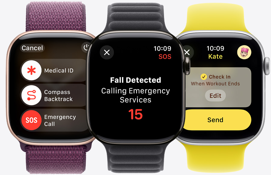 The emergency call slider being displayed along with the Medical ID and Compass Backtrack sliders on an Apple Watch Series 10. A fall being detected on an Apple Watch Series 10. A Check In about to be sent to someone on an Apple Watch Series 10.