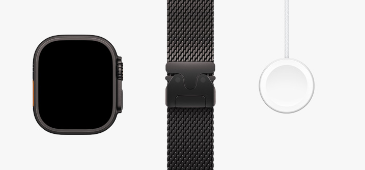 Lined up in a row: front view of Apple Watch Ultra 2 hardware, a black Titanium Milanese Loop band, and Magnetic Fast Charger to USB-C Cable.