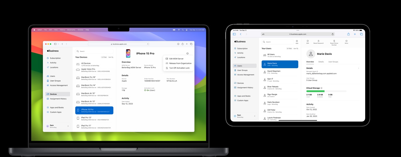 A Mac, an iPhone, and an iPad displaying a Resource Management screen.