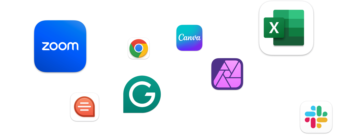 各種 app 圖像漂浮在螢幕上，包括 Zoom、Canva、Microsoft Excel 和 Adobe Photoshop