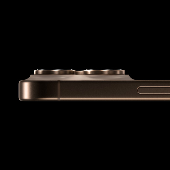 iPhone 16 Pro in Desert Titanium, side exterior, raised Pro camera system