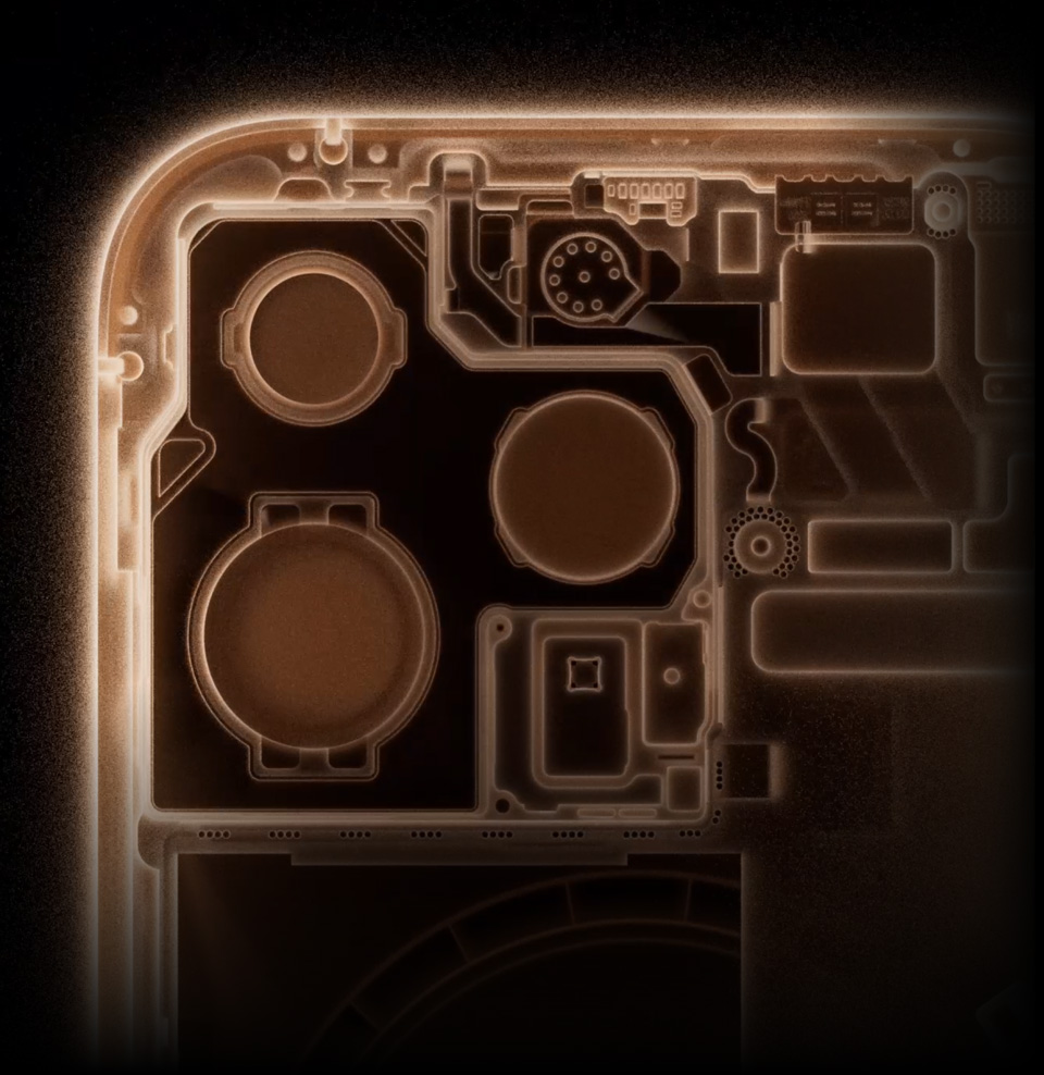 iPhone 16 Pro, back interior, Desert Titanium finish, showing the inner workings of the Pro camera system