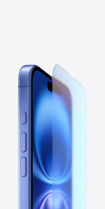 Three-quarter view of iPhone 16 highlighting aerospace grade aluminum enclosure in ultramarine and durable Ceramic Shield screen.