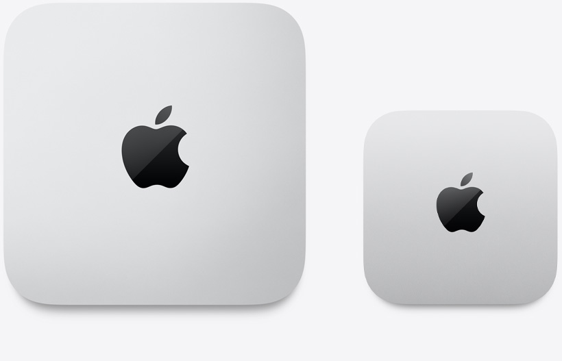 Top-down view of the 2024 Mac mini model next to the 2023 Mac mini model to demonstrate the decrease in size